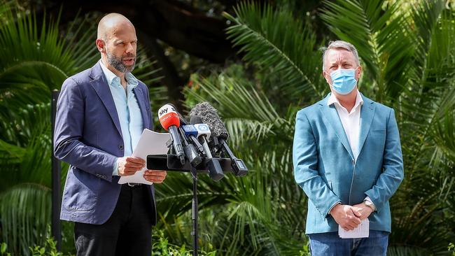 Victorian COVID-19 Response Commander Jeroen Weimar and Victorian Minister for Health Martin Foley hold press conference into latest coronavirus infection numbers. Picture: NCA NewsWire / Ian Currie