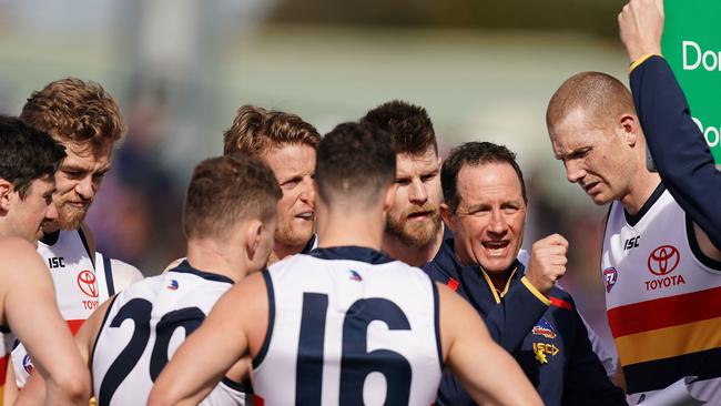 Coach Don Pyke addresses the Crows during their final-round loss to the Western Bulldogs. Picture: AAP Image/Scott Barbour