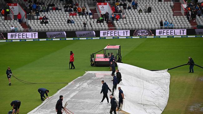 Rain hit the fourth Test on Saturday – helping push the contest to a fifth day. Picture: AFP