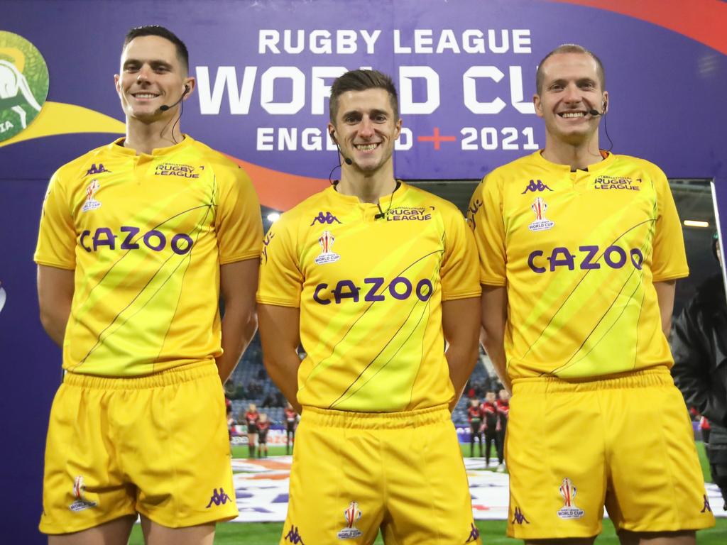 Referee Chris Kendall (C) and touch judges Wyatt Raymond (L) and Warren Turley (R) prior to the Rugby League World Cup Quarter Final between Australia and Lebanon. Picture: Getty Images for RLWC