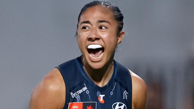 MELBOURNE, AUSTRALIA - NOVEMBER 02: Darcy Vescio of the Blues celebrates a goal during the 2024 AFLW Round 10 match between the Carlton Blues and the Essendon Bombers at IKON Park on November 02, 2024 in Melbourne, Australia. (Photo by Michael Willson/AFL Photos via Getty Images)