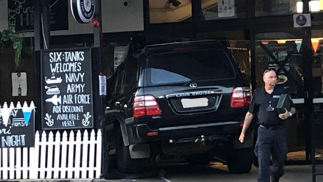 A 4WD crashed into Darwin CBD's Six Tanks Brew Co around 3am on Sunday morning. Picture: Madura McCormack/NT News