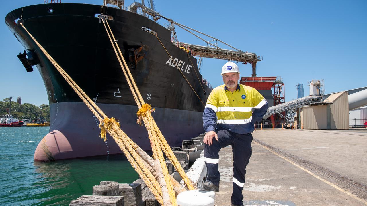 Construction material shipped from Adelaide for unloading at Glebe Island port. Picture: Thomas Lisson