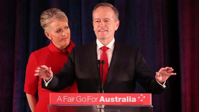 Bill Shorten, with his wife Chloe Shorten, concedes defeat on election night.