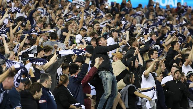 Melbourne Victory fans in full voice against who? Western Sydney Wanderers, of course, at Marvel Stadium last year. Picture: Micheal Klein