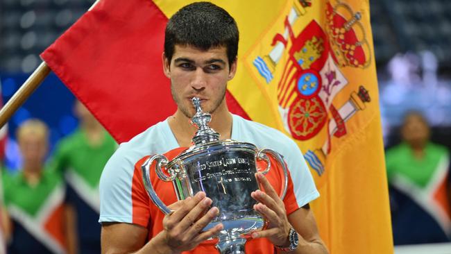 Spain's Carlos Alcaraz celebrates his US Open win in 2022 (Photo by ANGELA WEISS / AFP)