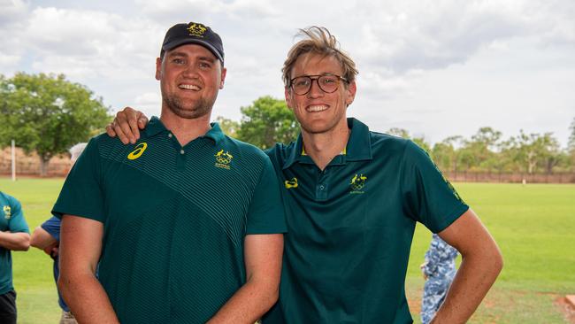 David Mckeon and Mack Horton as the Olympians visit Katherine High School as part of the Olympics Unleashed program. Picture: Pema Tamang Pakhrin