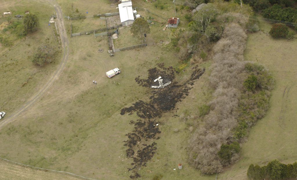 An aerial photo of the scene of a light airplane crash at South Gundurimba, south of Lismore, where two people have died. Photo: Doug Eaton / The Northern. Picture: The Northern Star