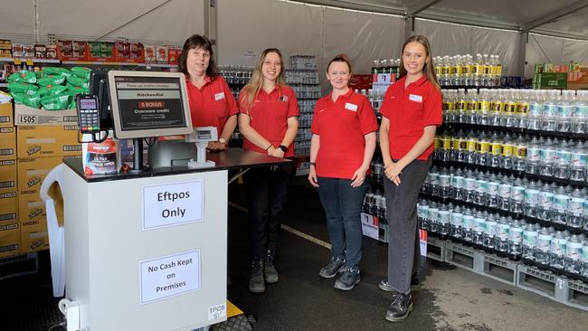 Coles has retained Lismore staff, Maree, Jas, Cheryl and Chloe at its pop-up store. Picture Cath Piltz