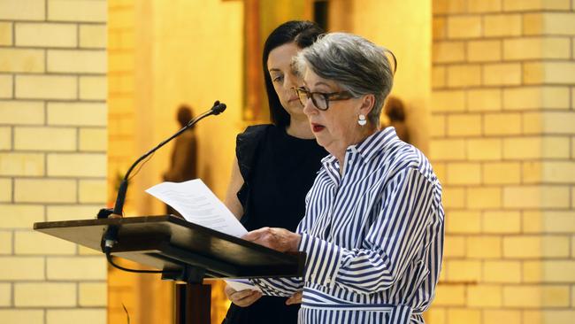 Kevin Byrne's younger sister Maureen Pilcher reads the eulogy at the former Cairns mayor's funeral service, held at St Monica's Cathedral. Picture: Brendan Radke