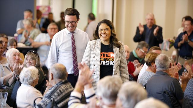 Senator Jacinta Nampijinpa Price and Nationals leader David Littleproud campaign in Lithgow against dividing Australia along racial lines. Picture: Chris Pavlich