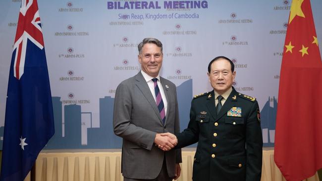 Richard Marles with China’s Minister of National Defense, General Wei Fenghe at the ASEAN Defence Ministers’ Meeting in Siem Reap, Cambodia.