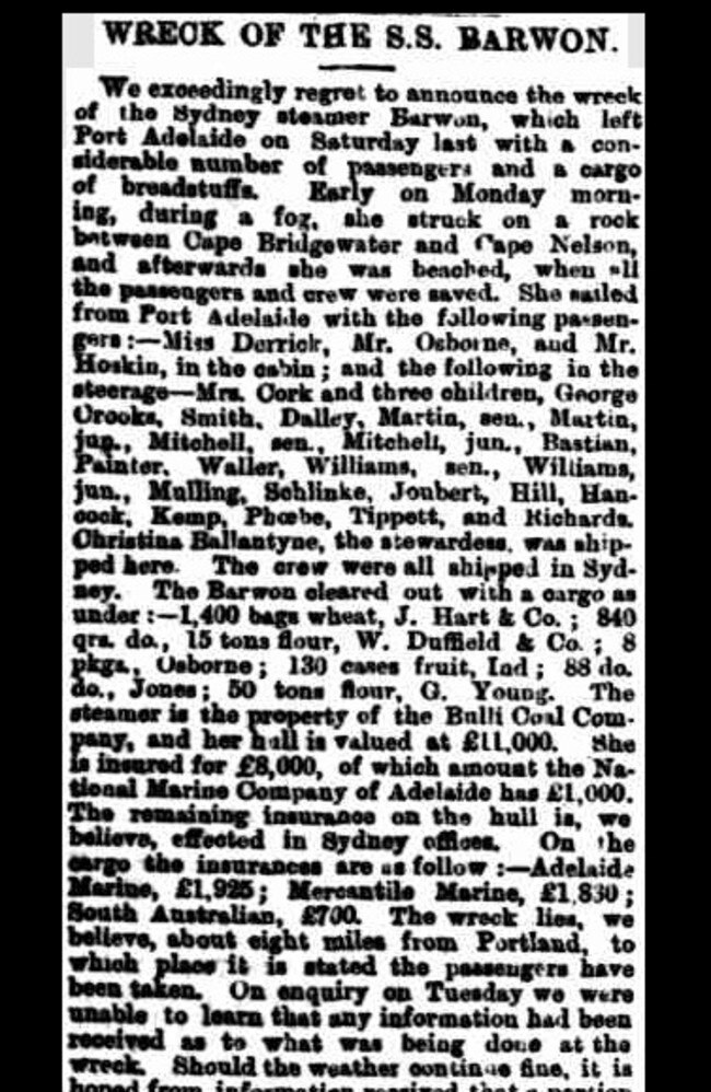 An article from the Adelaide Advertiser from 1871 reporting on the sinking of the S.S. Barwon. Picture: Trove.