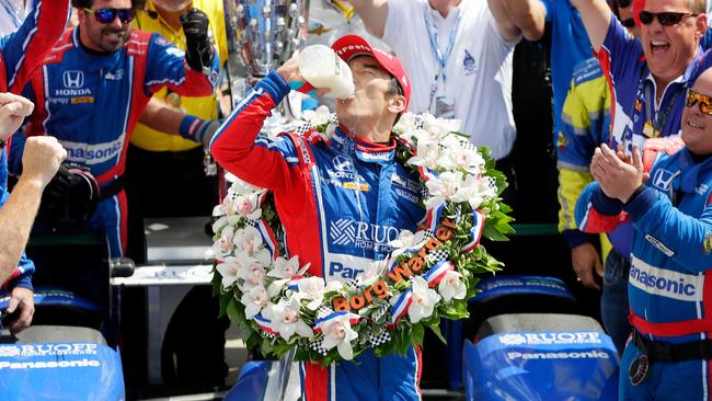 INDIANAPOLIS, IN - MAY 28: Takuma Sato of Japan, driver of the #26 Andretti Autosport Honda, celebrates in Victory Lane after winning the 101st running of the Indianapolis 500 at Indianapolis Motorspeedway on May 28, 2017 in Indianapolis, Indiana. (Photo by Jamie Squire/Getty Images)