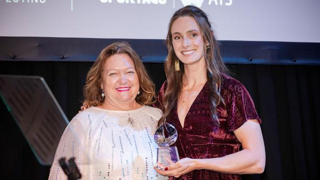 Mining billionaire Gina Rinehart with Australian rower Jessica Morrison. Picture: Supplied