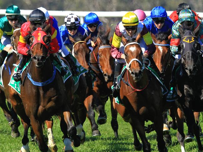 Loving home ridden by Tye Angland  (yellow cap, maroon with yellow armbands) wins race 1 during Scone  Races located in the Upper Hunter Region of NSW. The Bend . Pic Jenny Evans