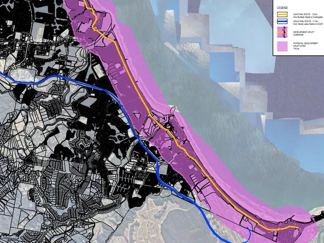 The current preferred options for light and heavy rail heading south on the Gold Coast to the airport.