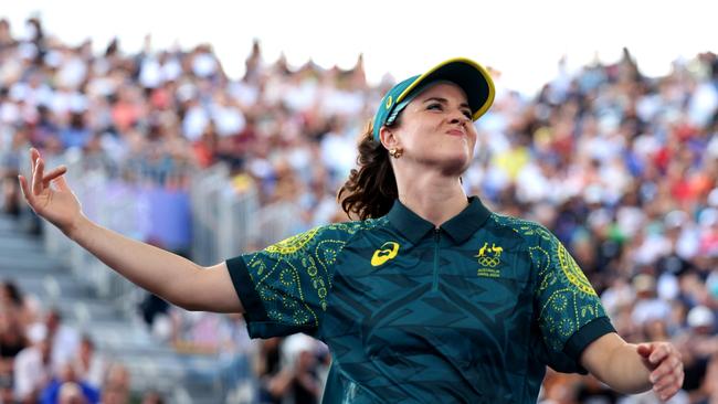 PARIS, FRANCE - AUGUST 09: B-Girl Raygun of Team Australia  reacts during the B-Girls Round Robin - Group B on day fourteen of the Olympic Games Paris 2024 at Place de la Concorde on August 09, 2024 in Paris, France. (Photo by Elsa/Getty Images)