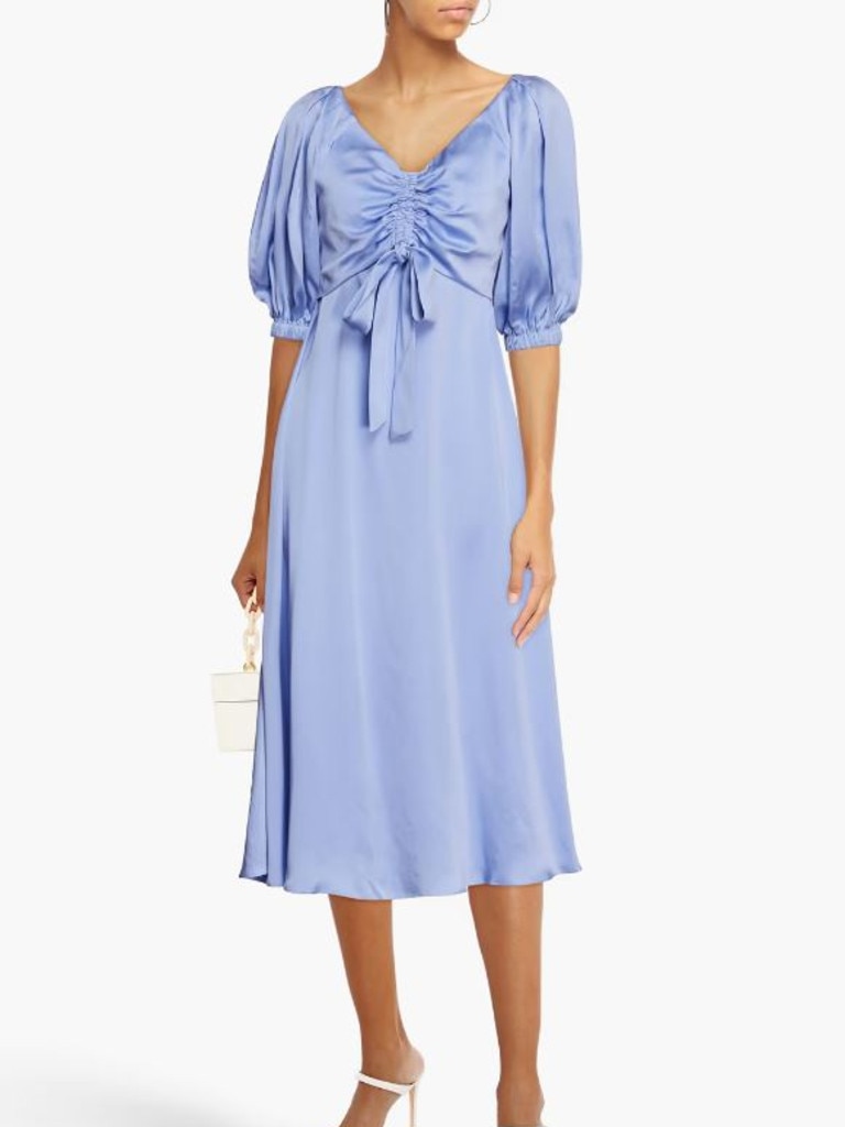 Zimmermann Bow-detailed ruched washed-silk midi dress. Picture: The Outnet.