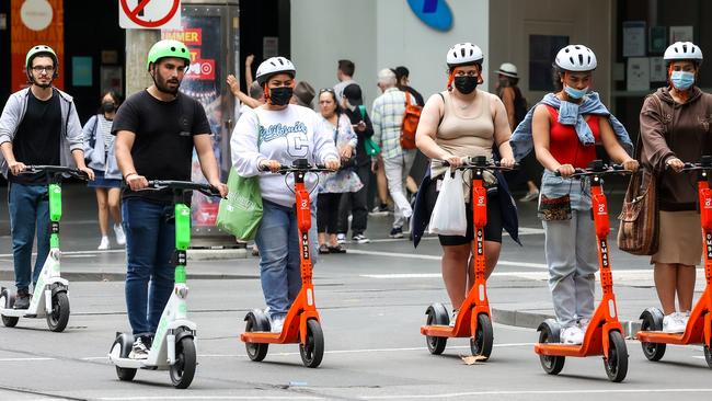 E-scooters are often driven around Melbourne’s CBD. Picture: Ian Currie