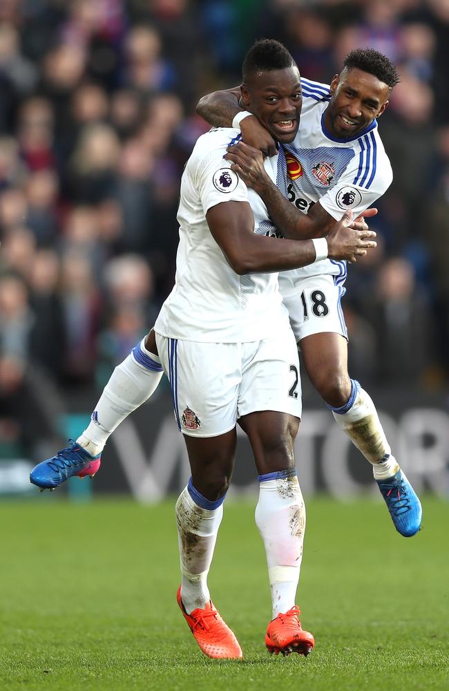 Lamine Kone (L) of Sunderland celebrates scoring the opening goal.