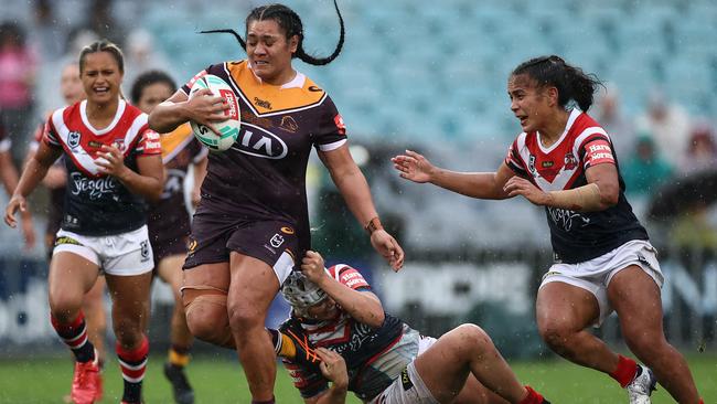 Amber Hall of the Broncos on the charge in last year’s NRLW grand final against the Roosters. Picture: Getty Images