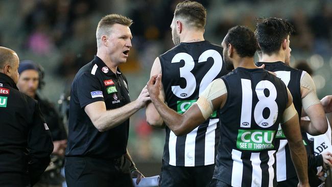 Nathan Buckley chats to Travis Cloke earlier in the season. Picture: Mark Dadswell