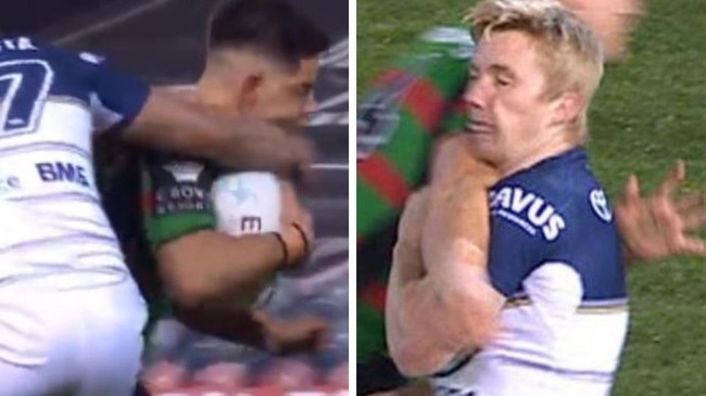 Spot the difference: A Cowboys player was sin binned for one incident while a Rabbitohs player was not.