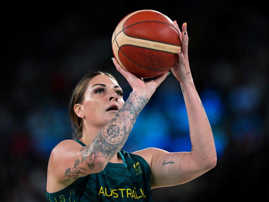 Australia's #15 Cayla George takes a free throw in the women's quarterfinal basketball match between Serbia and Australia during the Paris 2024 Olympic Games at the Bercy Arena in Paris on August 7, 2024. (Photo by Damien MEYER / AFP)