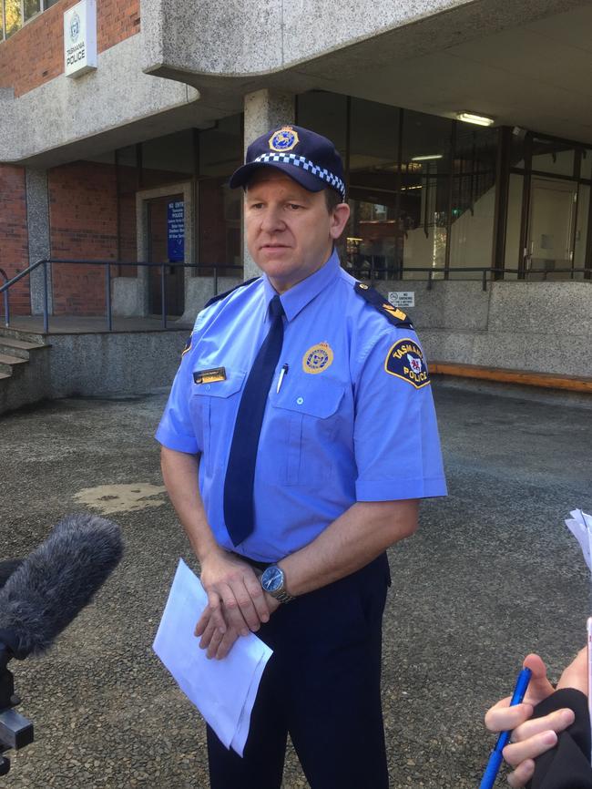 Senior Sergeant Jason Jones talking to reporters about the fatal crash in Launceston overnight. Picture: NICK CLARK