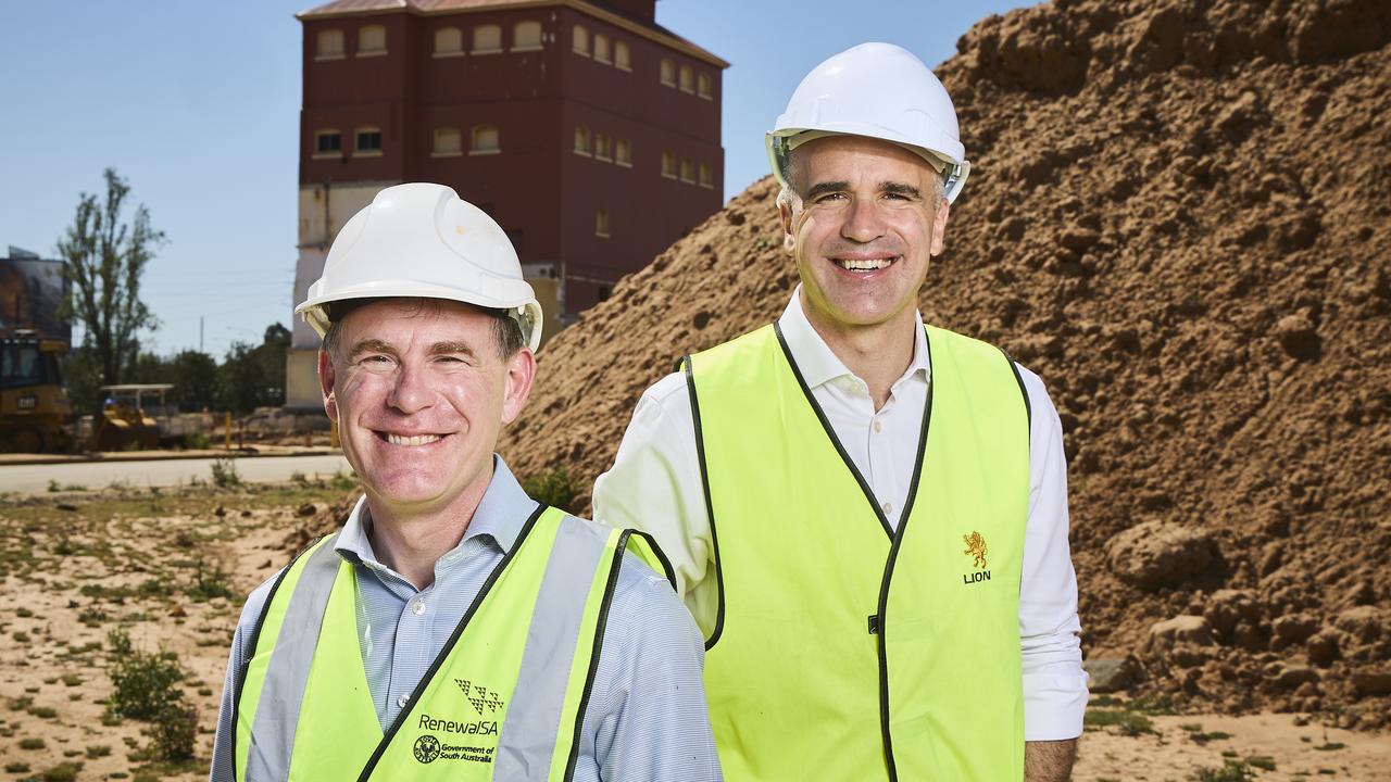 Housing and Urban Development Minister Nick Champion with Premier Peter Malinauskas at Thebarton’s West End Brewery redevelopment site. Picture: Matt Loxton