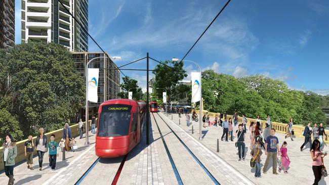 An artist’s impression of the light rail over Lennox Bridge, Parramatta.