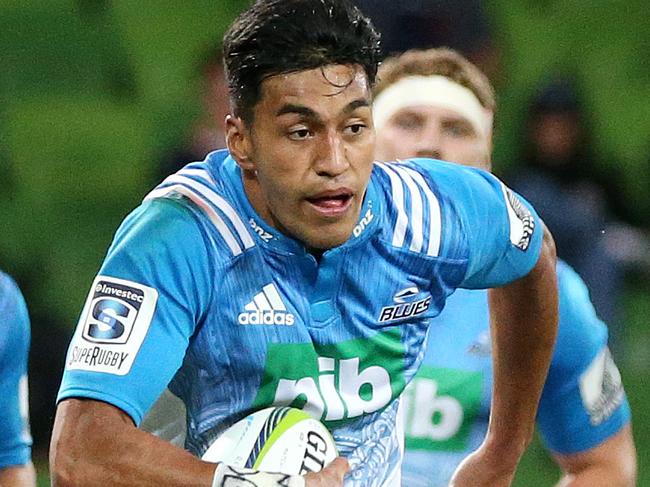 Super Rugby :  Melbourne Rebels V Auckland Blues at AAMI Park, 23rd February, Melbourne Australia.  Rieko Ioane of the Auckland Blues score a try in the first half. Picture : George Salpigtidis