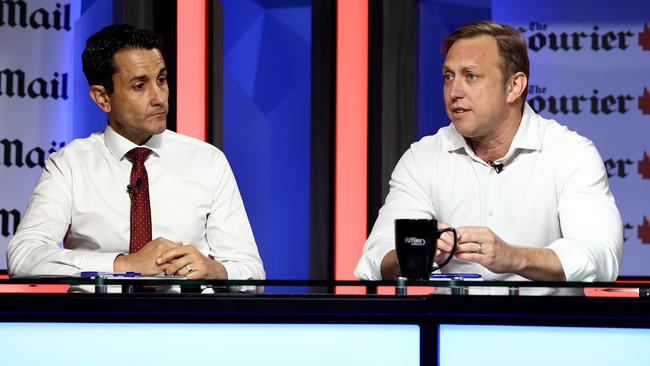 Premier Steven Miles (right) and Opposition Leader David Crisafulli at a Courier-Mail forum earlier this year