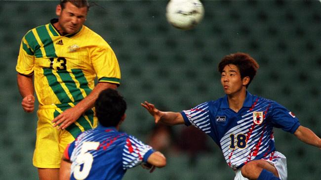 Socceroo John Markovski heading in Australia's opening goal of match against Japanese in 1995 at Sydney Football Stadium.