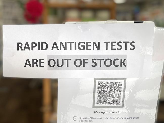 DAILY TELEGRAPH 4TH JANUARY 2022Pictured is a sign at Annandale Pharmacy in Annandale in Sydneys inner west where RAT's sell for $19.95 for 1 test of $89 dollars for 5. They currently have no stock though and can't  say when more will arrive.Rapid Antigen Tests are have become hard to find and there has been evidence of price gouging due to the scarcity.Picture: Richard Dobson