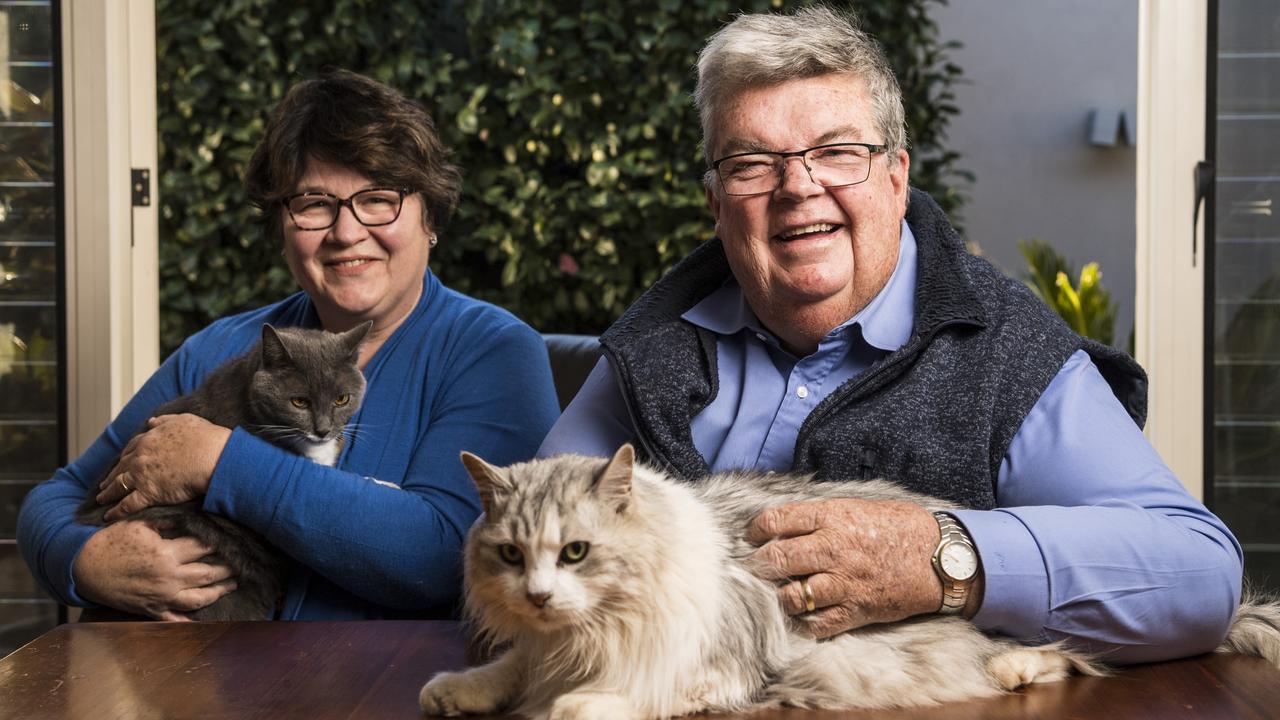 Derek Tuffield at home with his wife Rosemerry, as the Lifeline Darling Downs CEO announces his retirement, Tuesday, August 17, 2021. Picture: Kevin Farmer