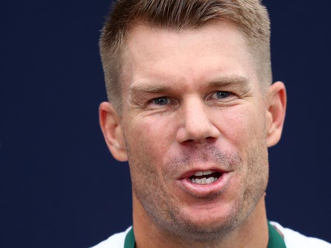 MELBOURNE, AUSTRALIA - FEBRUARY 11: AB Medallist David Warner speaks to media during a Cricket Australia media opportunity at The Olson on February 11, 2020 in Melbourne, Australia. (Photo by Kelly Defina/Getty Images)