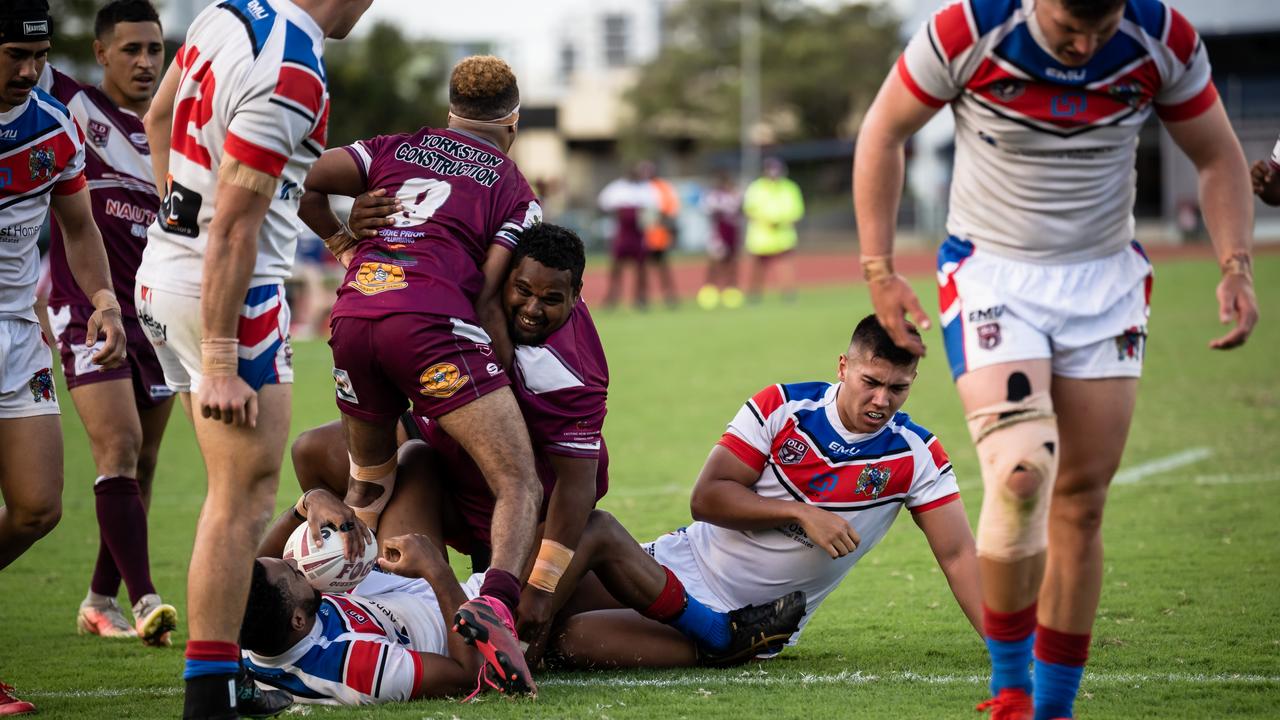 Yarrabah Seahawks' Brian Schrieber comes up after scoring a try in the second half. Picture: Emily Barker.