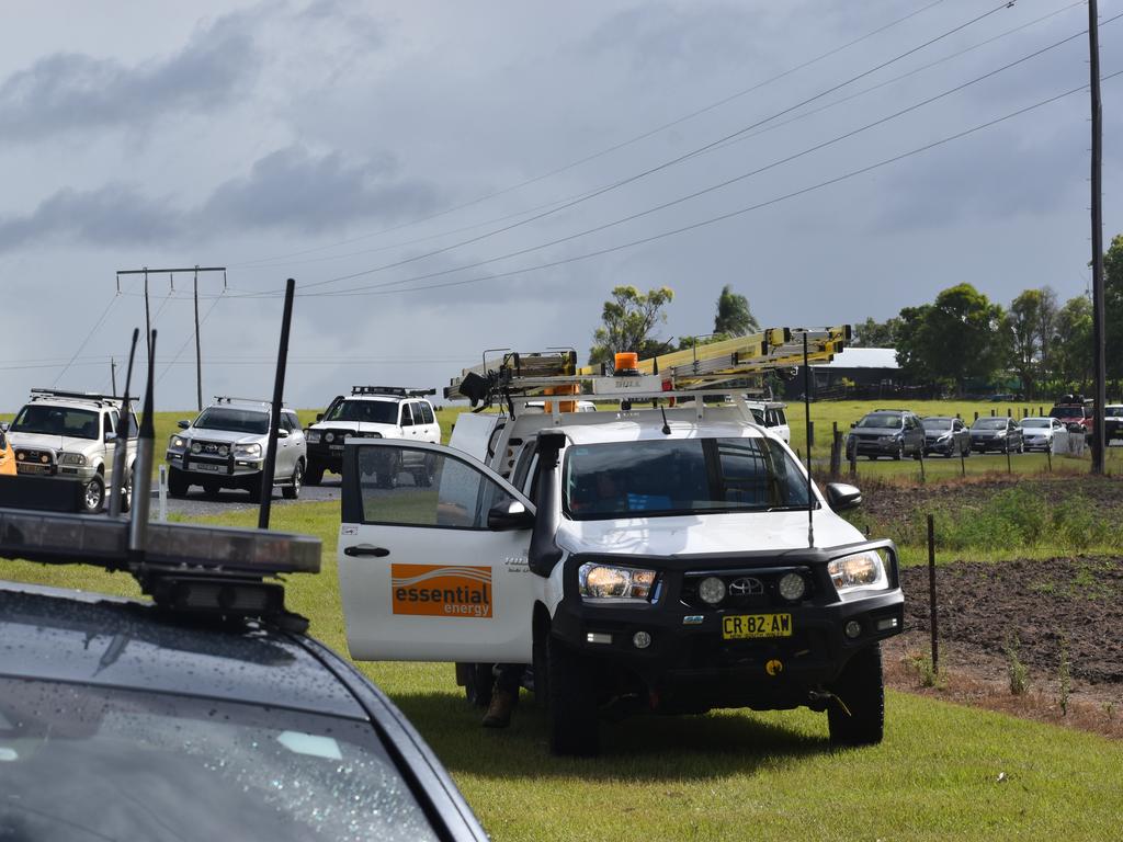 Essential Energy crews were called out to restore power after a red sedan Mitsubishi Lancer sedan crashed into a power pole on Rogans Bridge Rd north of Waterview Heights on Thursday, 18th February, 2021. Photo Bill North / The Daily Examiner