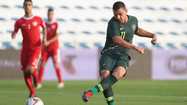 Andrew Noubbout slots home the Socceroos’ opening goal.