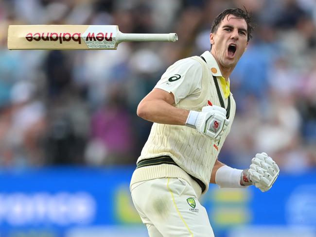 BIRMINGHAM, ENGLAND - JUNE 20: Australia batsman Pat Cummins celebrates after scoring the winning runs during day five of the  LV= Insurance Ashes 1st Test Match between England and Australia at Edgbaston on June 20, 2023 in Birmingham, England. (Photo by Stu Forster/Getty Images)