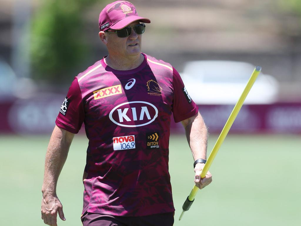 Kevin Walters keeps an eye on the Broncos during day one of pre-season training. Picture: Peter Wallis