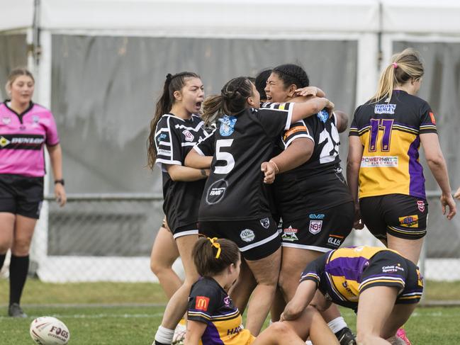 Oakey players celebrate a try by Elaina Saluni against Gatton. Picture: Kevin Farmer.