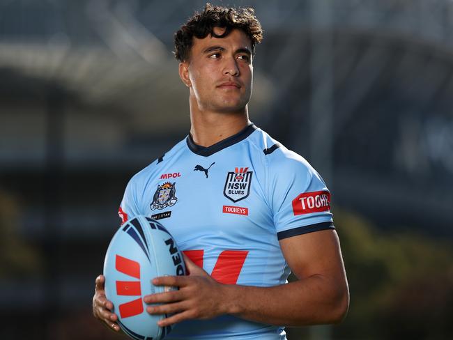 SYDNEY, AUSTRALIA - MAY 28: Joseph-AukusoÃÂ Suaalii of the Blues poses during a New South Wales Blues State of Origin media opportunity at NSWRL Centre of Excellence on May 28, 2024 in Sydney, Australia. (Photo by Matt King/Getty Images)