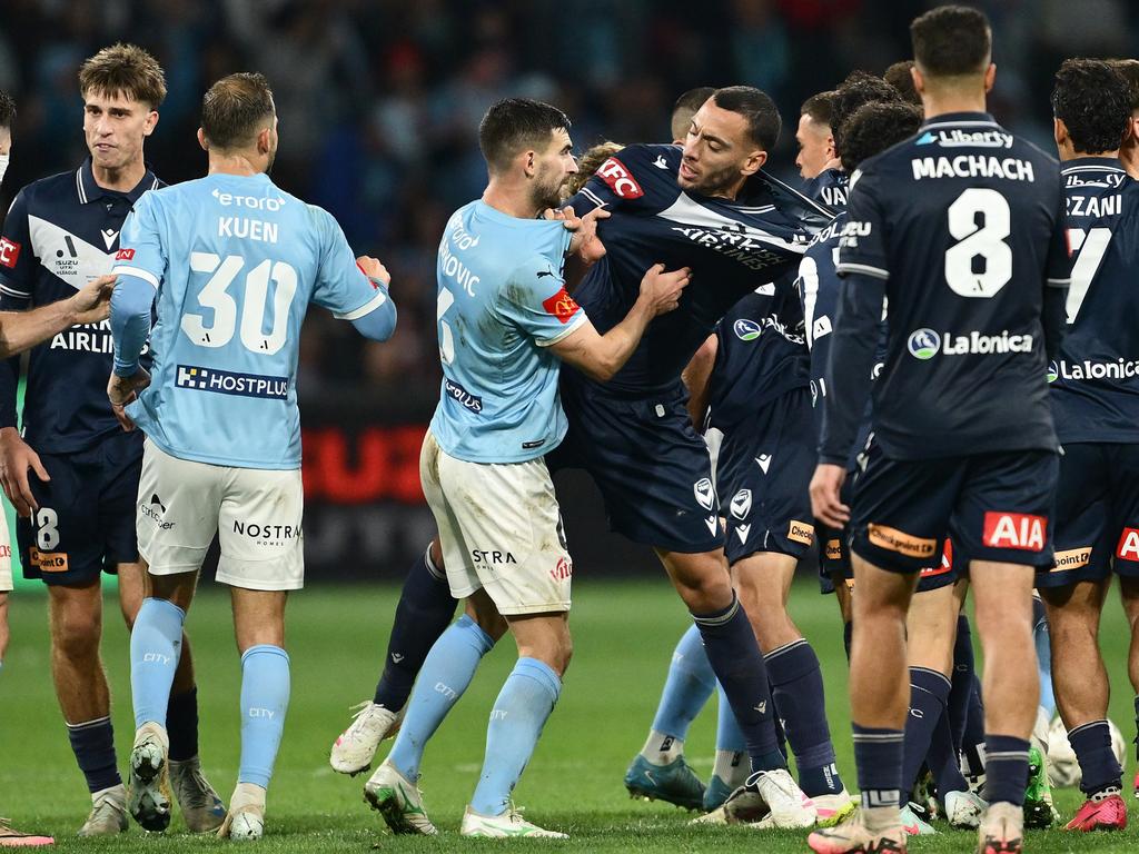 Tempers fray during the grand final. Picture: Getty Images