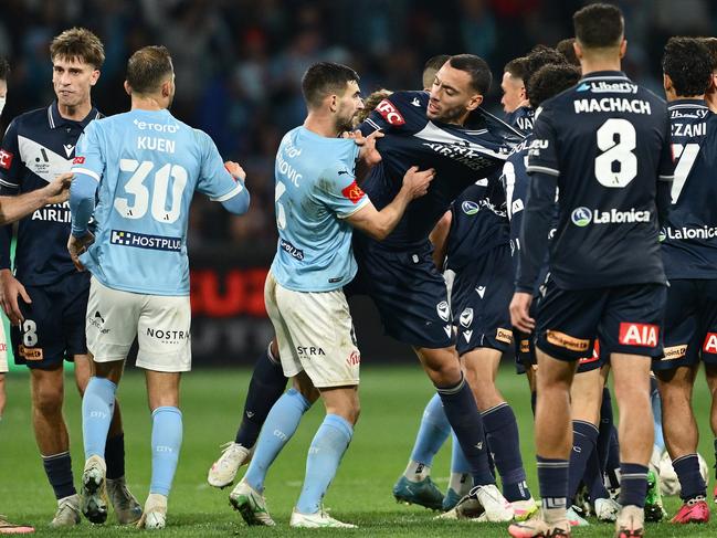 Tempers fray during the grand final. Picture: Getty Images