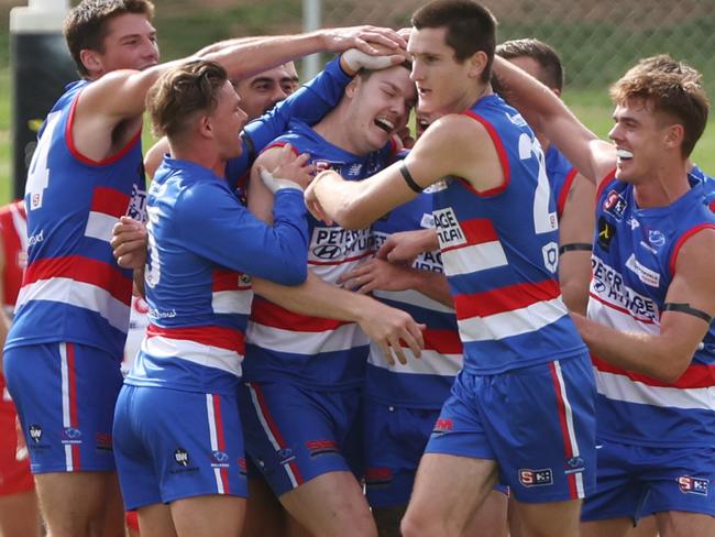 Bulldogs players react after scoring a goal during the Round 2 SANFL match between Central District and North Adelaide at X- Convenience Oval, Elizabeth in Adelaide, Friday, April 7, 2023. (SANFL Image/David Mariuz)