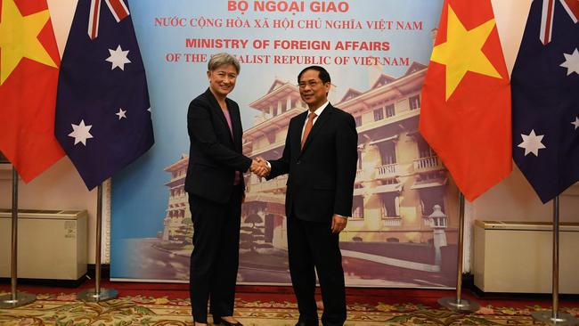 Australia's Foreign Minister Penny Wong shakes hands with her Vietnamese counterpart Bui Thanh Son at the Government Guest House in Hanoi on June 27. Picture: Nhac NGUYEN / AFP