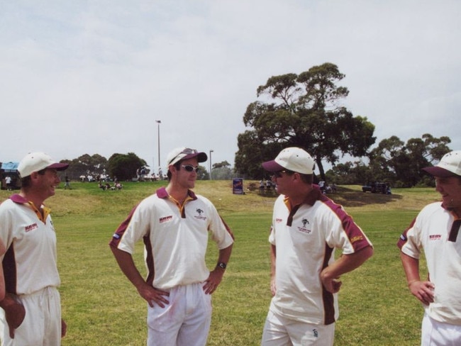 Dean Jones having a laugh with teammate Evan Campbell before his one-off game for Delacombe Park in January, 2001. Picture: Delacombe Park CC